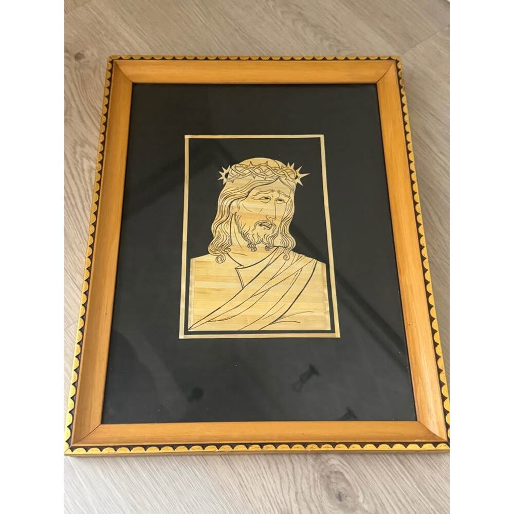 Handcrafted Marquetry Wood Veneer Carved Jesus Christ Portrait Vintage Framed